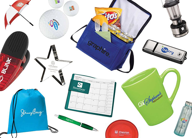 Promotional Items, like: chip clip, golfballs, umbrella, lunch bod, and planner