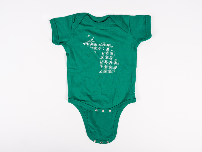 Promotional ArtPrize dark green onesie, featured on MarkIt Merchandise's screen print and embroidery blog