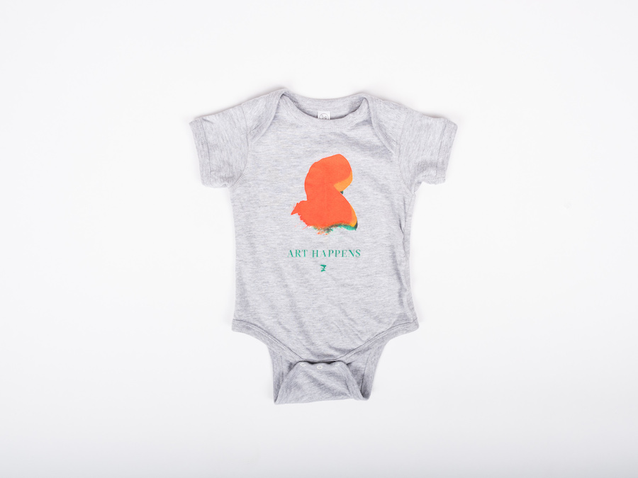 Gray ArtPrize baby onesie with "Art Happens" printed on it, with paint swash, and featured on MarkIt Merchandise's blog