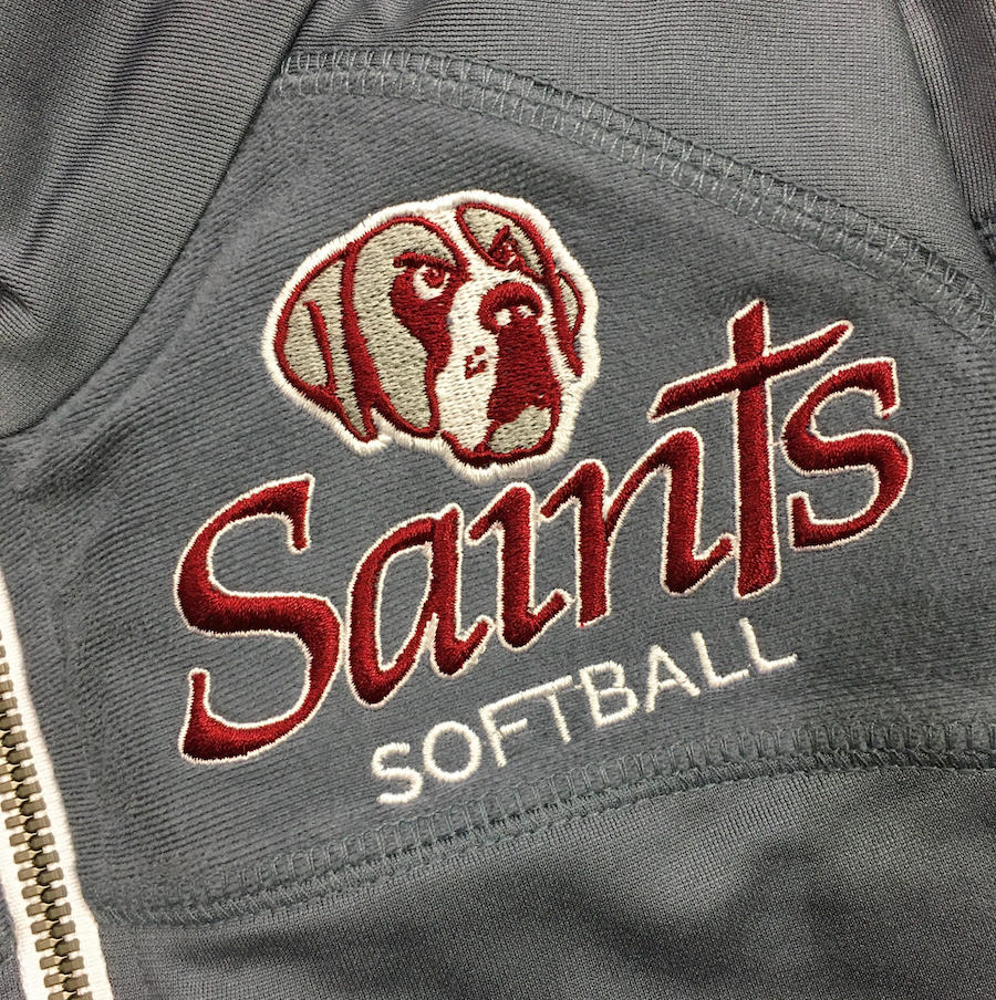 Aquinas Softball embroidery with bulldog, featured on MarkIt Merchandise's blog