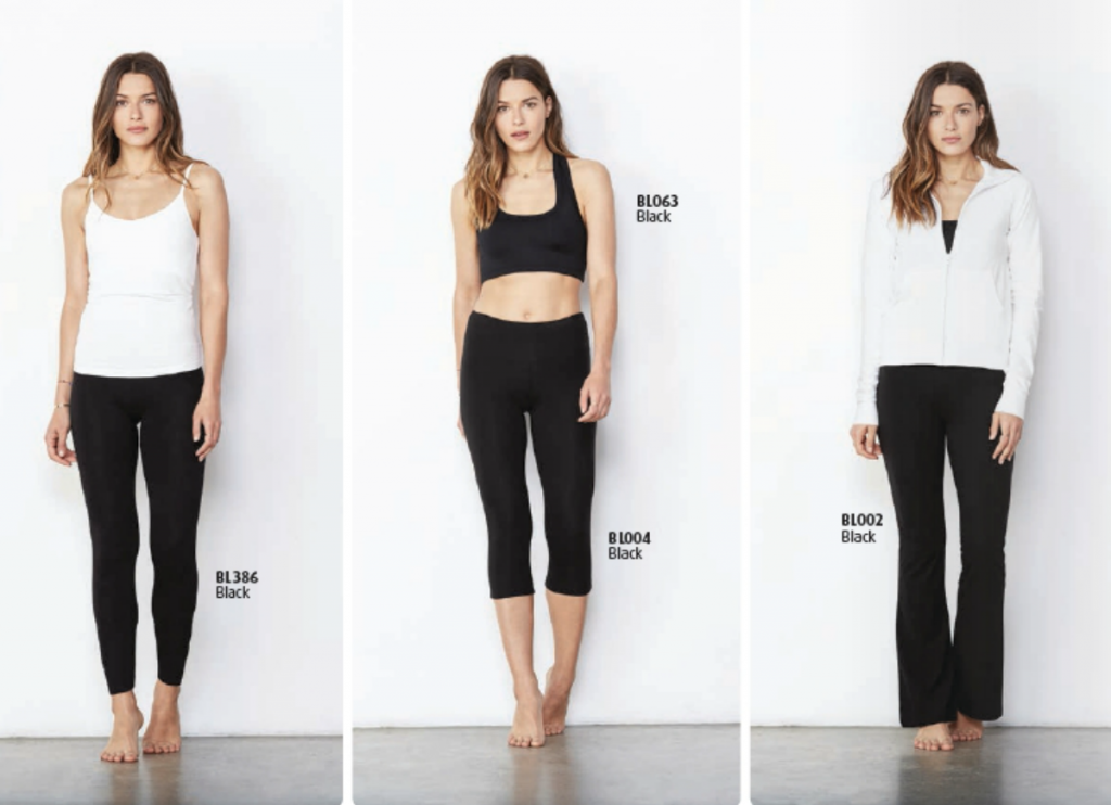 Bella + Canvas women's cotton spandex black leggings in three different styles.