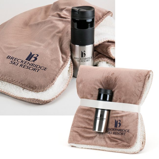 Light Brown Furry Blanket and Tumbelr. Call MarkIt Merchandise for this perfect cozy promotional product and gift.