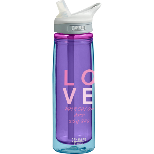 Purple Camelback Insulted Bottle with teal outside and straw. Two color logo.