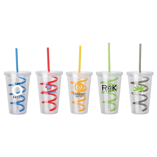 Double Wall Tumbler with red, blue, yellow, green and gray colored straws.