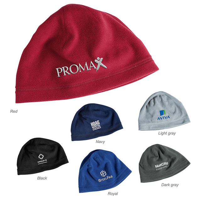 Fleece beanie available in red, light gray, navy, black, royal and dark gray.