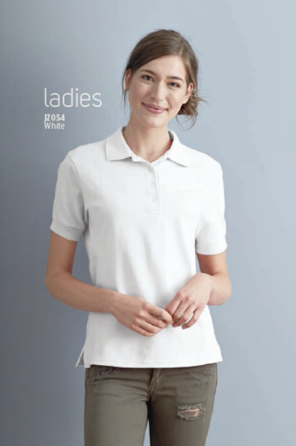 Jerzees Ladies ring spun cotton pique polo. Featured in white. Available in many colors.