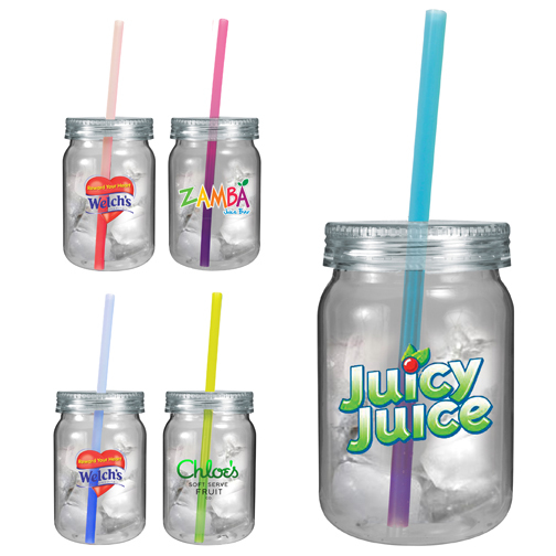 Mason jar with color-changing straw available in different colored straws and your multi-colored logo.