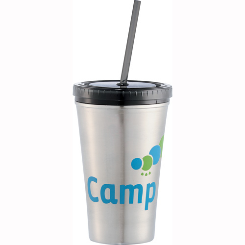 Silver Sedici Tumbler with black lid and straw. Two colored logo. Call MarkIt Merchandise for a quote!