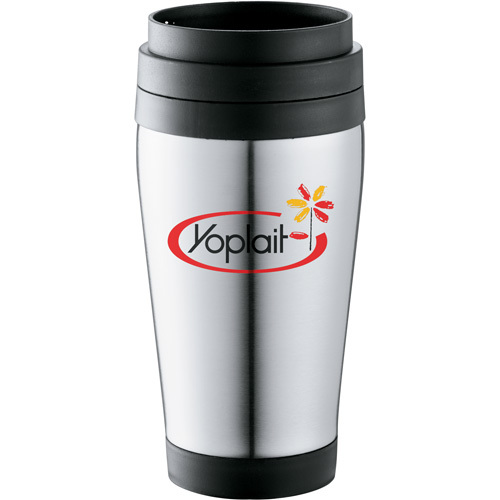 Stainless steel tumbler with black bottom and lid. Shown with 3 color Yoplait logo. Call MarkIt Merchandise for a quote!