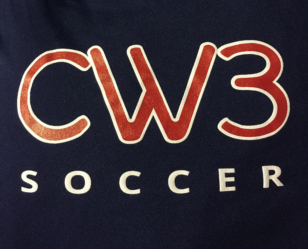 CW3 Soccer in white and red lettering, printed on navy blue shirts, and featured on MarkIt Merchandise's blog.