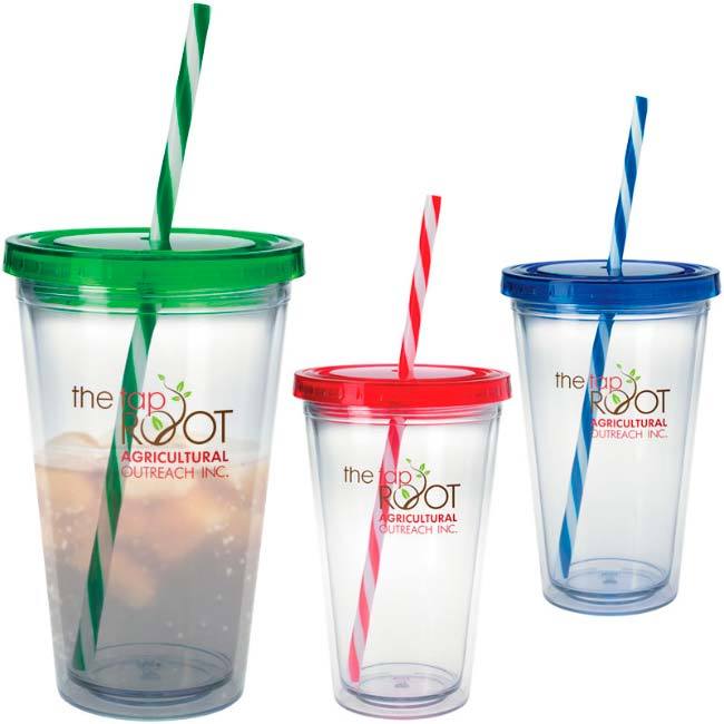 Promotional candy cane tumbler featured in red, green and blue