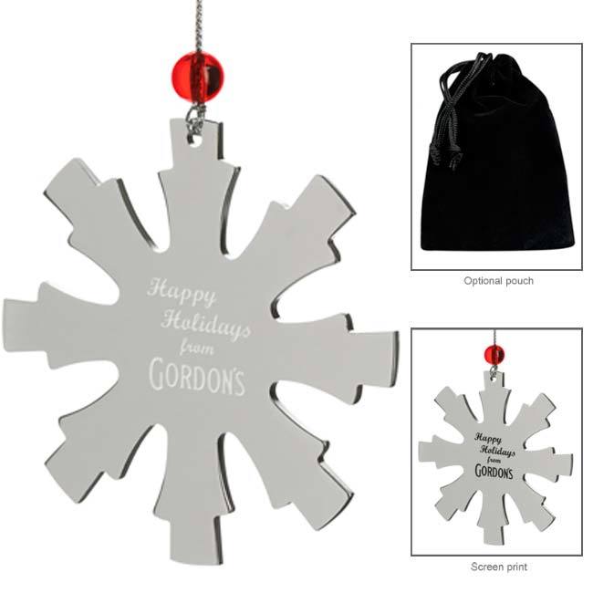 promotional snowflake ornament with etched silver or black logo and optional pouch.