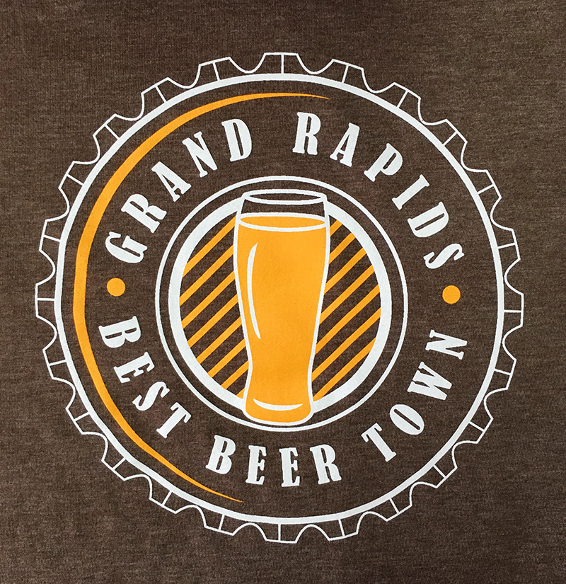 Grand Rapids Beer City artwork printed on dark brown t-shirt at MarkIt Merchandise.