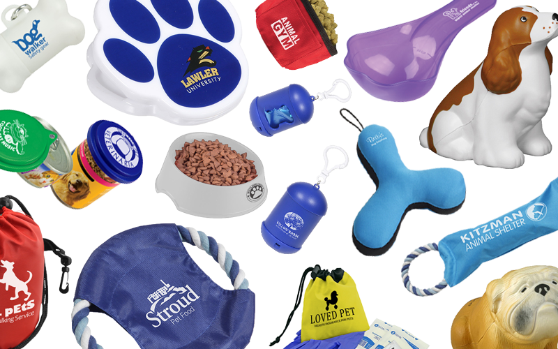 Promotional dog products featuring frisbee, dog dish, chip clip, dog bags and more!