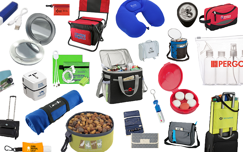 Travel Products Banner, featuring travel pillow, compact, earbuds, universal charger, travel blanket etc.